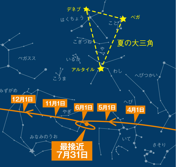 南東のあたりの空を見てみましょう。夏の大三角も一緒に見えますよ。