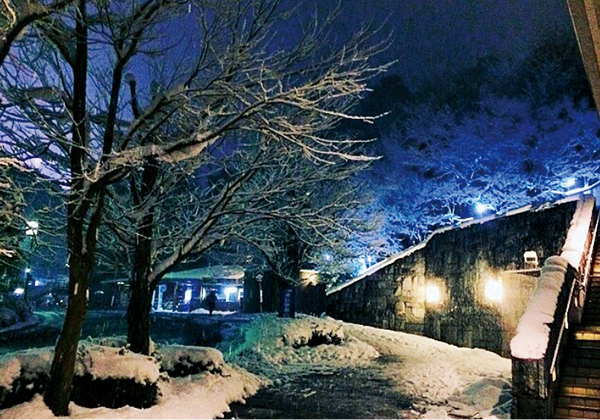 夜の雪に輝くKSUブルー