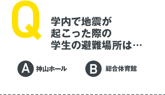 Q 学内で地震が起こった際の学生の避難場所は…