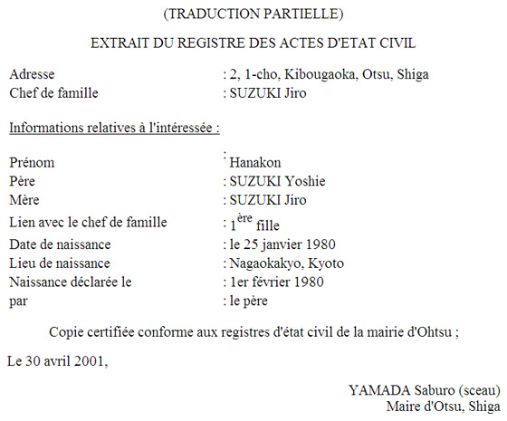 京都産業大学 外国語学部 フランス語学科 戸籍抄本の翻訳例 戸籍の電算化の後の場合