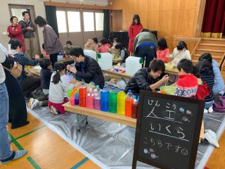 グループに分かれて人工イクラ作り。